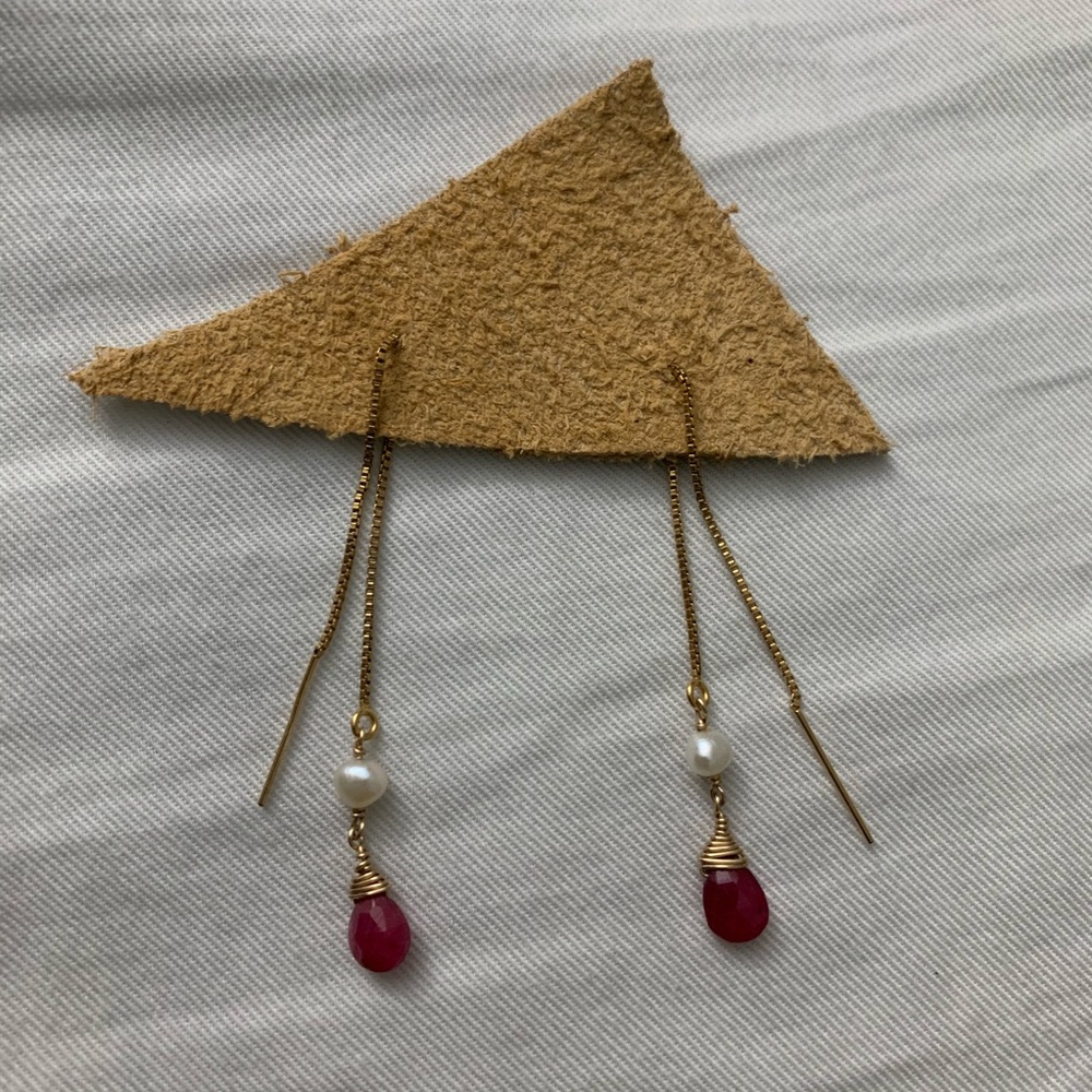 Dainty & Delicate Ruby & Pearl Thread Earrings